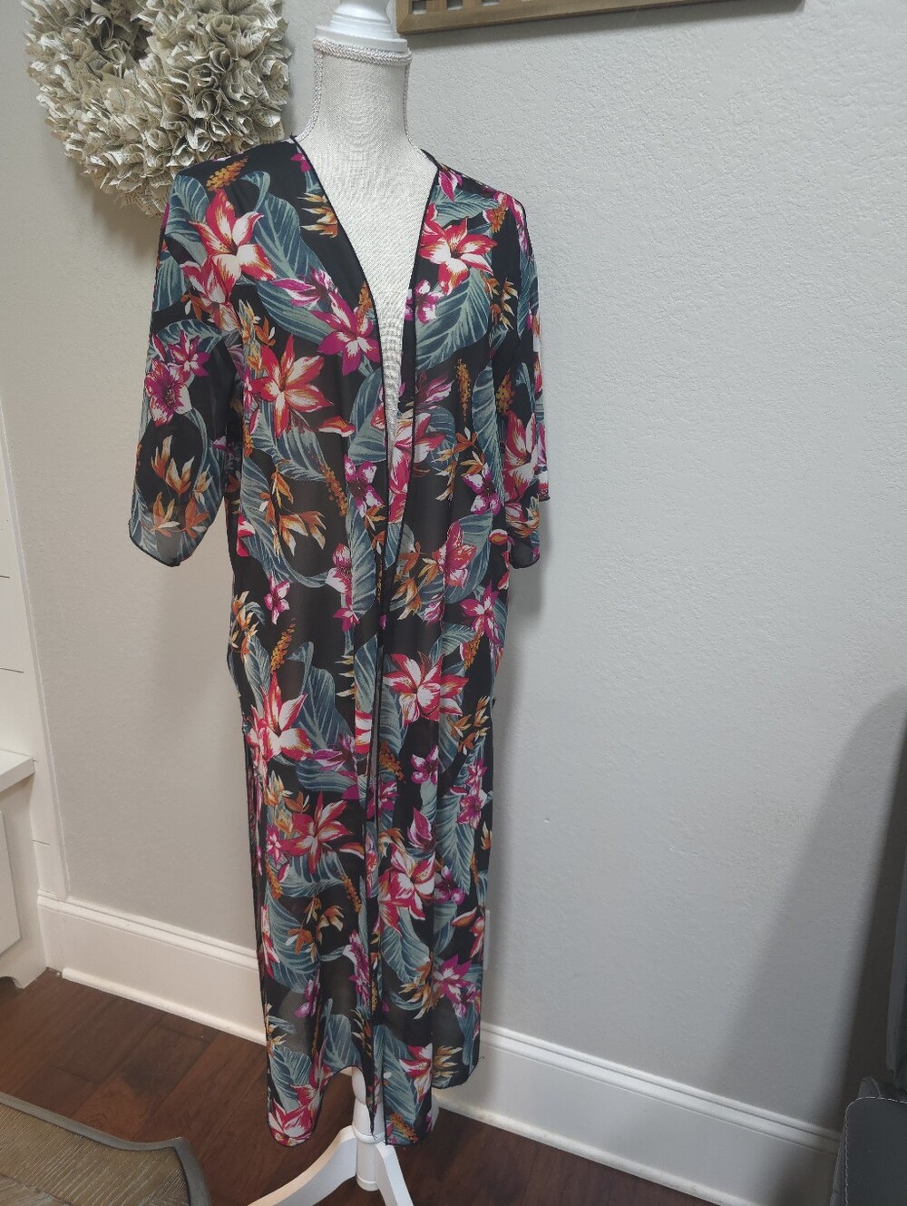 Heart Hips Black Floral Tunic with Pink & Green Leaves